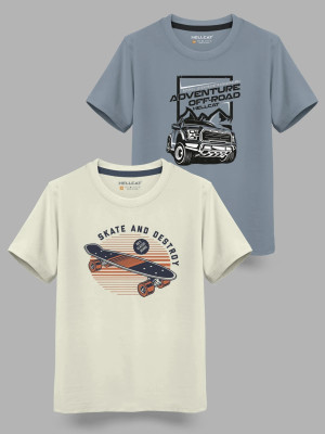 Hellcat Boys Printed Cotton Blend Regular T Shirt(Beige, Pack of 2)