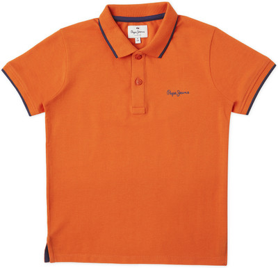 Pepe Jeans Boys Solid Cotton Blend Regular T Shirt(Orange, Pack of 1)