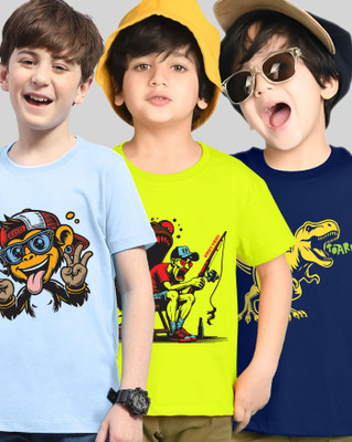 AOOSH Boys Printed Cotton Blend Regular T Shirt(Light Blue, Light Green, Pack of 3)