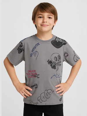 PROVOGUE Boys Printed Cotton Blend Oversized T Shirt(Grey, Pack of 1)
