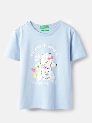 United Colors of Benetton Girls Printed Pure Cotton Regular T Shirt(Blue, Pack of 1)
