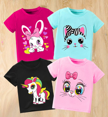 PY PINKYOU Girls Printed Cotton Blend Regular T Shirt(Multicolor, Pack of 4)