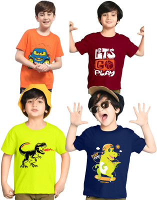Kiddy Viddy Boys Printed Cotton Blend Regular T Shirt(Multicolor, Pack of 4)