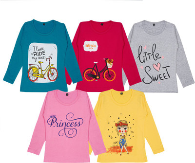 FAZZA Girls Graphic Print Pure Cotton Regular T Shirt(Multicolor, Pack of 5)