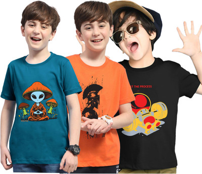 Kiddy Viddy Boys Printed Cotton Blend Regular T Shirt(Dark Blue, Dark Blue, Pack of 3)