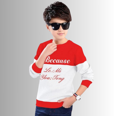 Ticoss Boys Printed, Colorblock Cotton Blend Regular T Shirt(Red, White, Pack of 1)