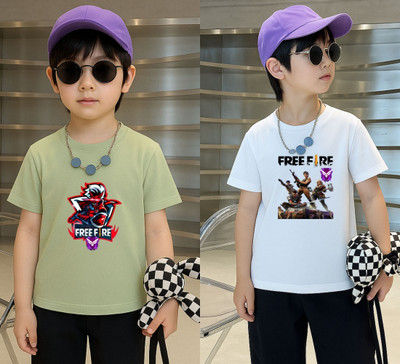 Lecowar Boys Printed Polyester Regular T Shirt(Green, White, Pack of 2)