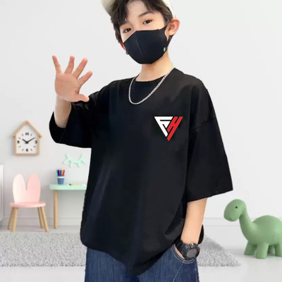 Show In Style Boys Printed Pure Cotton Oversized T Shirt(Black, Pack of 1)