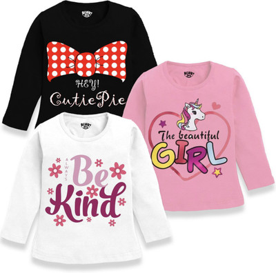MINI MYN Baby Girls Graphic Print Cotton Blend Regular T Shirt(Pink, Pack of 3)
