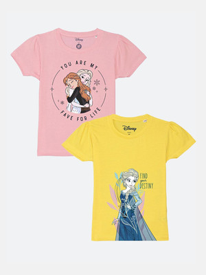 YK Disney Girls Printed Cotton Blend Regular T Shirt(Pink, Yellow, Pack of 2)