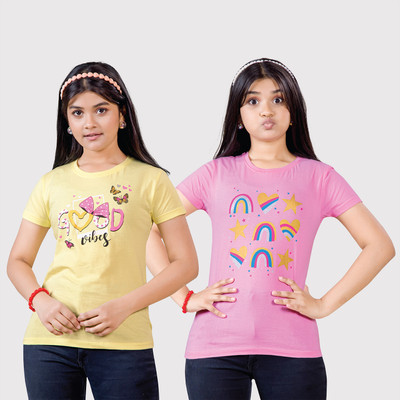 Zuniors-SSC Girls Printed Pure Cotton Regular T Shirt(Multicolor, Pack of 2)