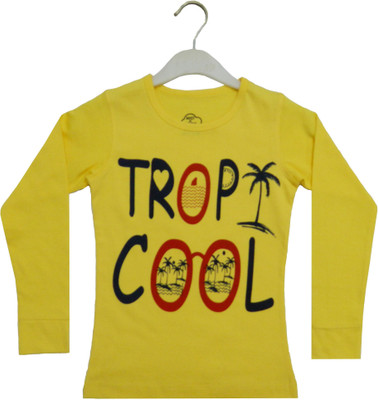 MIST N FOGG Girls Typography, Printed Cotton Blend Slim T Shirt(Yellow, Pack of 1)