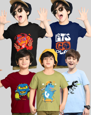 AUSK Boys Graphic Print Cotton Blend Regular T Shirt(Multicolor, Pack of 5)