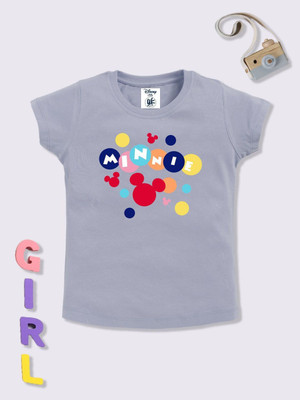 YK Disney Girls Printed Pure Cotton Regular T Shirt(Grey, Pack of 1)