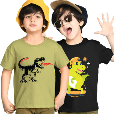 Kiddy Viddy Boys Printed Cotton Blend Regular T Shirt(Black, Green, Pack of 2)
