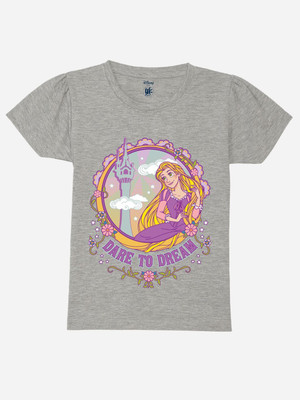 YK Disney Girls Printed Cotton Blend Regular T Shirt(Grey, Pack of 1)