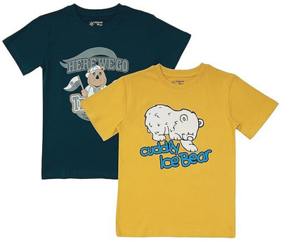 Texman Boys Printed Pure Cotton Regular T Shirt(Yellow, Pack of 2)