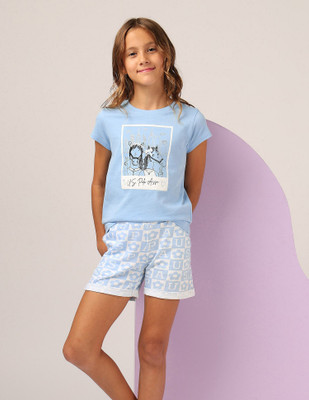 U.S. POLO ASSN. Girls Printed Cotton Blend Regular T Shirt(Blue, Pack of 1)