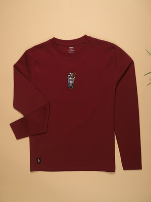 V-MART Boys Printed Cotton Blend Oversized T Shirt(Maroon, Pack of 1)