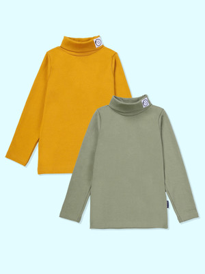 Kiddo Paanti Boys & Girls Solid Cotton Blend Regular T Shirt(Yellow, Green, Pack of 2)