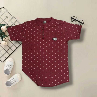 OPTURN Boys Printed Pure Cotton Regular T Shirt(Maroon, Pack of 1)