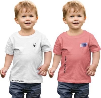 ELEGORY Boys Printed Cotton Blend Regular T Shirt(White, Pink, Pack of 2)