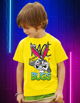 Snojh Boys & Girls Printed Cotton Blend Regular T Shirt(Yellow, Pack of 1)