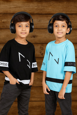 HIGHLANCESHIRT Boys Printed Cotton Blend Oversized T Shirt(Light Blue, Black, Pack of 1)