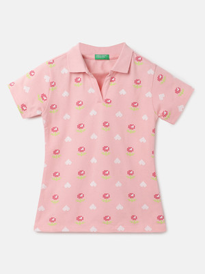 United Colors of Benetton Girls Printed Pure Cotton Regular T Shirt(Pink, Pack of 1)