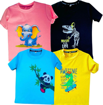 Styks Baby Boys & Baby Girls Printed Cotton Blend Regular T Shirt(Pink, Black, Pack of 4)