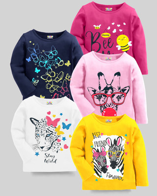 Kuchipoo Girls Printed Cotton Blend Regular T Shirt(Multicolor, Pack of 5)