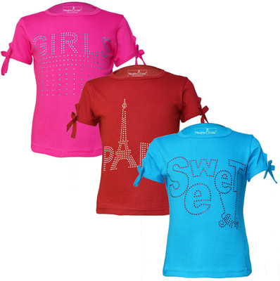 Just Live Fashionn Girls Printed Pure Cotton Regular T Shirt(Multicolor, Pack of 3)