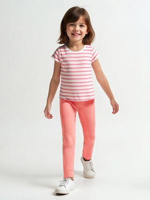 MAX Girls Striped Pure Cotton Regular T Shirt(Beige, Pack of 1)