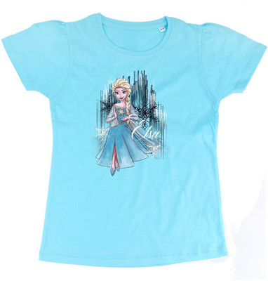 WYM TREND Girls Printed Pure Cotton Regular T Shirt(Blue, Pack of 1)