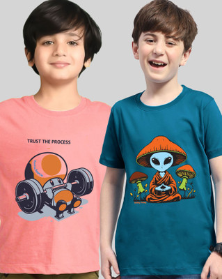 AUSK Boys Printed Cotton Blend Regular T Shirt(Pink, Dark Blue, Pack of 2)