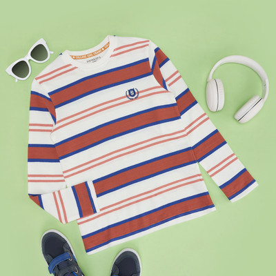 Pantaloons Junior Boys Striped Cotton Blend Regular T Shirt(Pink, Pack of 1)