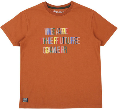 Pepe Jeans Boys Printed Cotton Blend Regular T Shirt(Orange, Pack of 1)