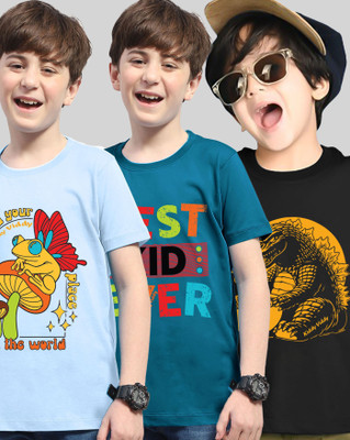 AOOSH Boys Graphic Print Cotton Blend Regular T Shirt(Dark Blue, Light Blue, Pack of 3)
