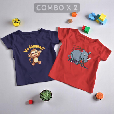 Pling Bling Boys & Girls Animal Print Cotton Blend Regular T Shirt(Multicolor, Pack of 2)