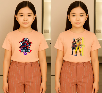 Kintu Parantu Girls Graphic Print Polyester Regular T Shirt(Beige, Pack of 1)