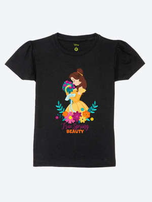 YK Disney Girls Printed Cotton Blend Regular T Shirt(Black, Pack of 1)