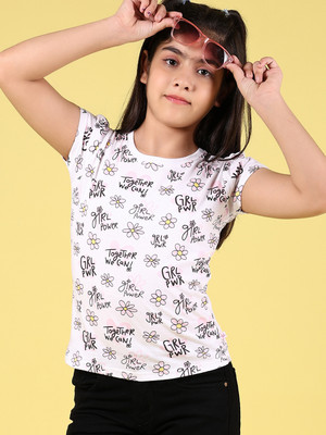 V-MART Girls Printed Cotton Blend Regular T Shirt(White, Pack of 1)