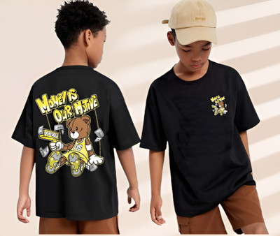 Show In Style Boys Printed Pure Cotton Oversized T Shirt(Black, Pack of 1)
