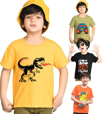 Kiddy Viddy Boys Printed Cotton Blend Regular T Shirt(Multicolor, Pack of 4)