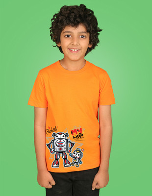 Nusyl Boys Graphic Print Cotton Blend Regular T Shirt(Orange, Pack of 1)