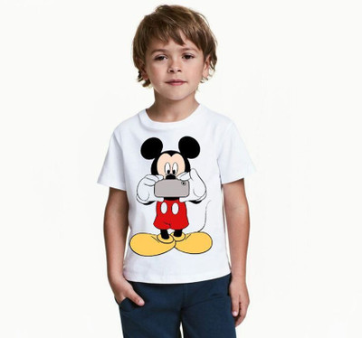 KPPRINT Boys & Girls Printed Cotton Blend Regular T Shirt(White, Pack of 1)