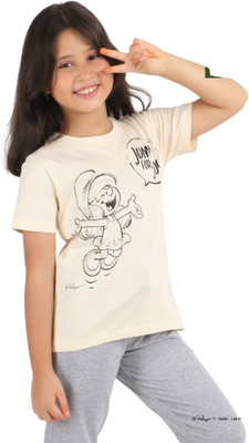 Reborn Girls Printed Cotton Blend Regular T Shirt(White, Pack of 1)
