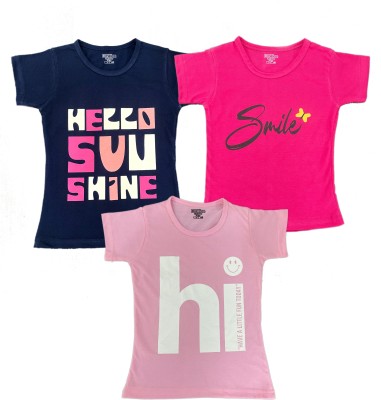Billion Girls Printed Cotton Blend T Shirt(Pink, Pack of 3)