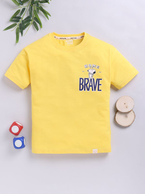 Happy Faces Boys Printed Pure Cotton Regular T Shirt(Yellow, Pack of 1)