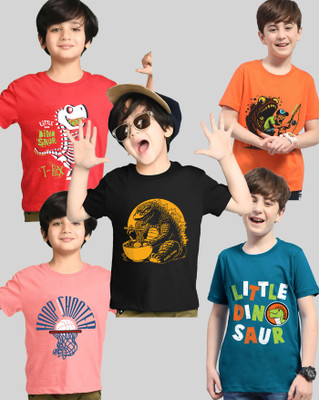 AUSK Boys Printed Cotton Blend Regular T Shirt(Red, Pink, Pack of 5)